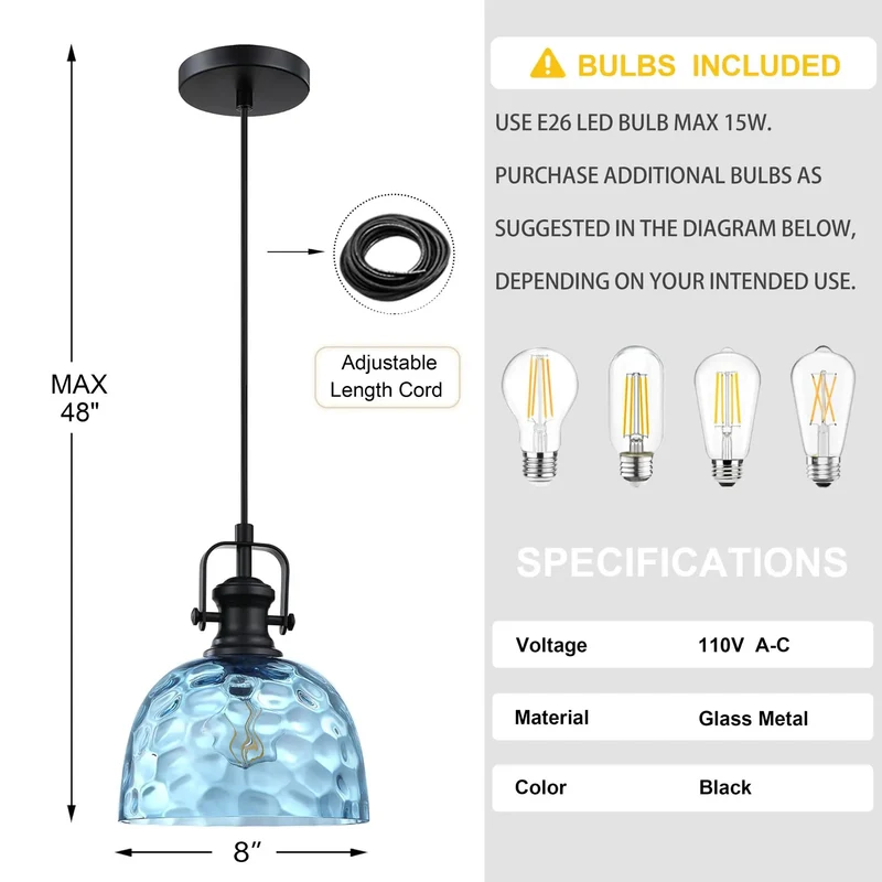 2 Pack 8 Inch Blue Textured Glass Farmhouse Black Pendant Lights Bring Major Flair to Your Home with a Badass Finish and Hella Bright Glow That Makes Any Space Go Lit while Fully Dimmable and Compatible with E26 Bulbs Supporting Up to 100 Watts