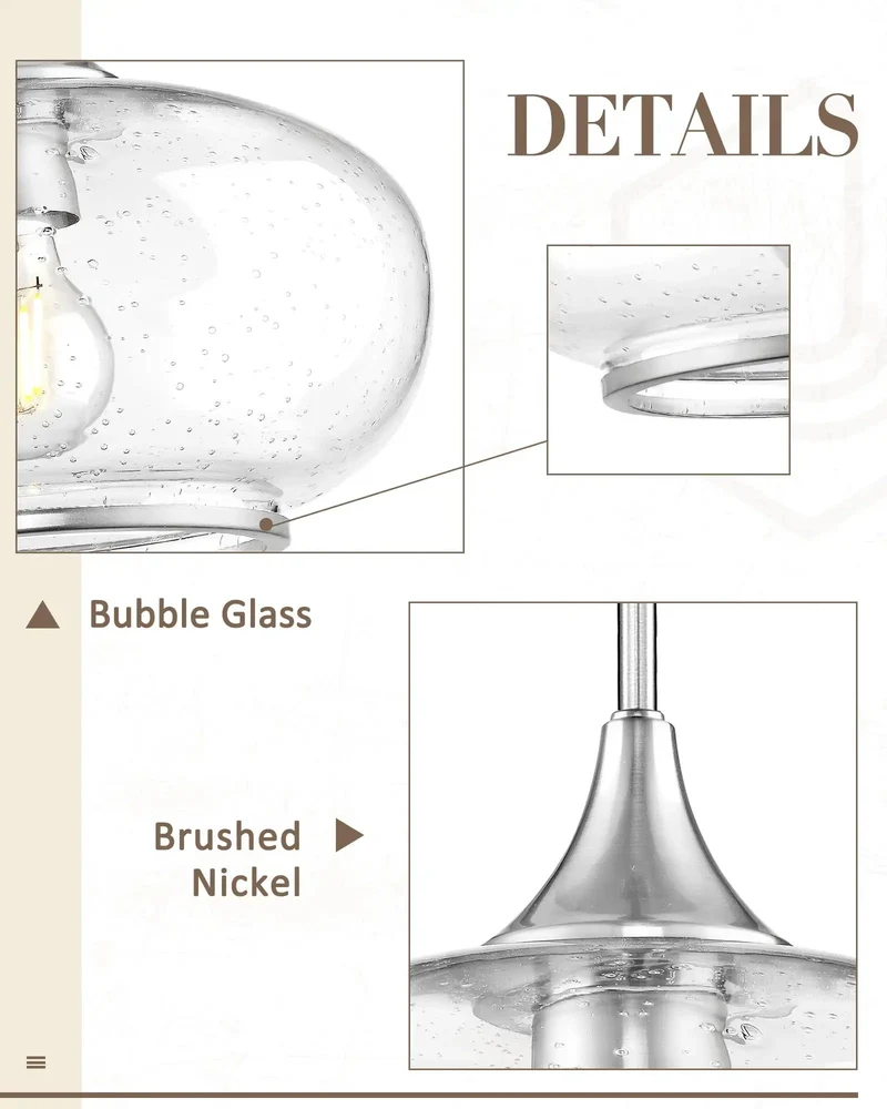Slick Modern Farmhouse Bubble Glass Pendant Light Brushed Nickel Kitchen Island Hanging Lamp With Adjustable Height Downrod Set Top Notch Ceiling Fixture For Any Sweet Home Setup
