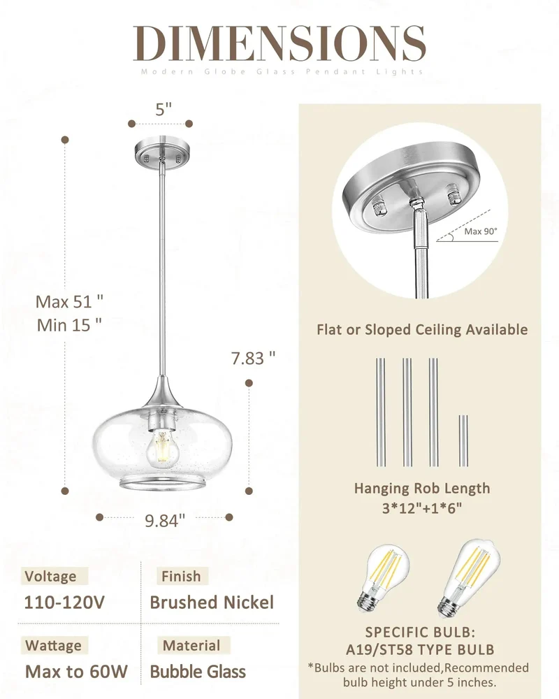 Slick Modern Farmhouse Bubble Glass Pendant Light Brushed Nickel Kitchen Island Hanging Lamp With Adjustable Height Downrod Set Top Notch Ceiling Fixture For Any Sweet Home Setup
