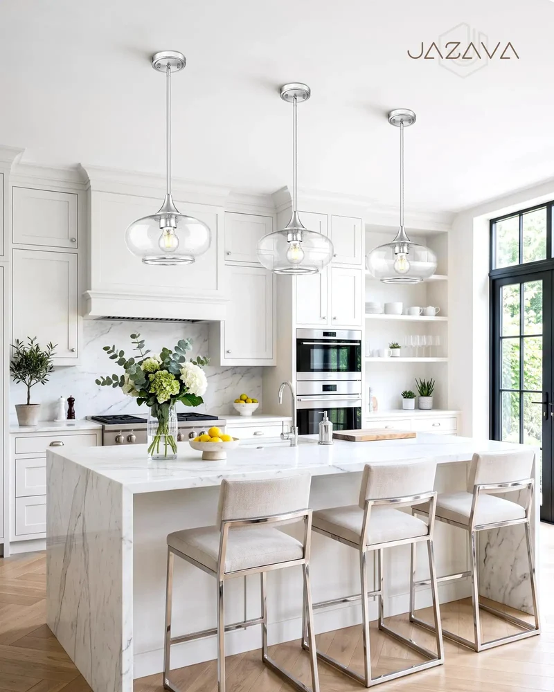 Slick Modern Farmhouse Bubble Glass Pendant Light Brushed Nickel Kitchen Island Hanging Lamp With Adjustable Height Downrod Set Top Notch Ceiling Fixture For Any Sweet Home Setup