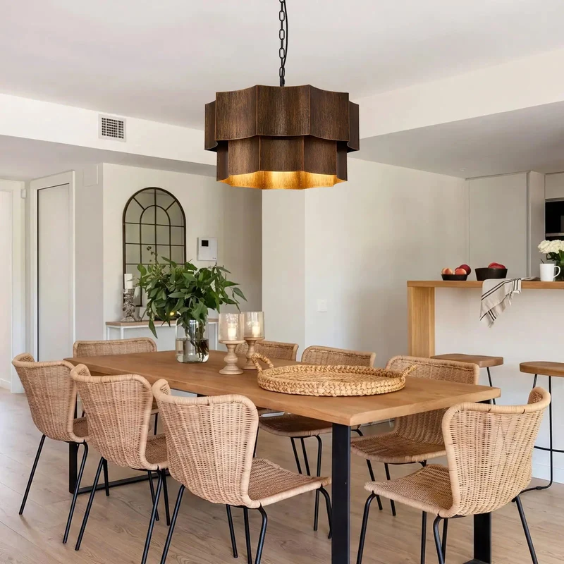 Heavy Duty Two Tier Drum Chandelier With Five Bright Lamps In Durable Dark Bronze Finish And Gold Accent Frame For That Classic Farmhouse Dining Room Vibe And Super Solid Ceiling Lighting Setup