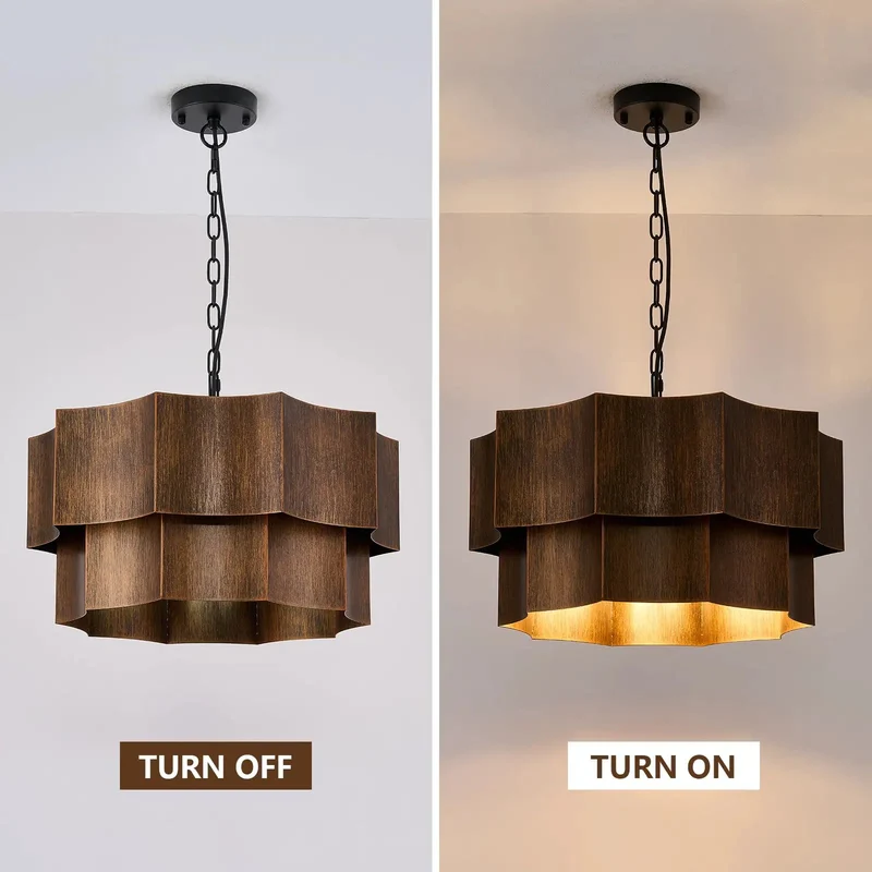 Heavy Duty Two Tier Drum Chandelier With Five Bright Lamps In Durable Dark Bronze Finish And Gold Accent Frame For That Classic Farmhouse Dining Room Vibe And Super Solid Ceiling Lighting Setup