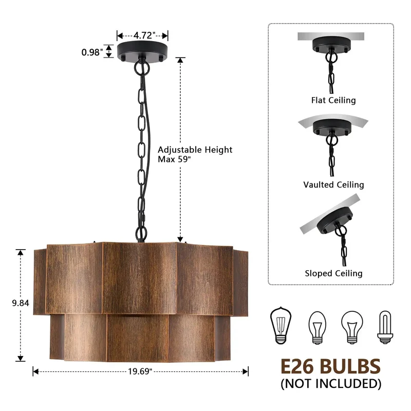 Heavy Duty Two Tier Drum Chandelier With Five Bright Lamps In Durable Dark Bronze Finish And Gold Accent Frame For That Classic Farmhouse Dining Room Vibe And Super Solid Ceiling Lighting Setup
