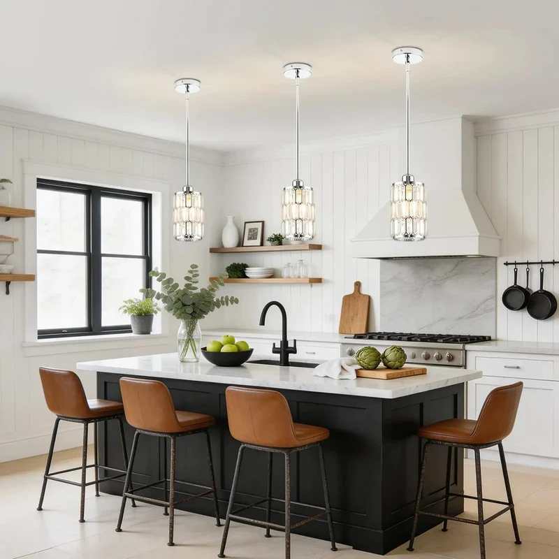 Drop Dead Gorgeous Adjustable Modern Crystal Chrome Pendant Light For Kitchen Island With Smooth Chrome Frame And Totally Customizable Drop Height For Amazing Lighting Vibes