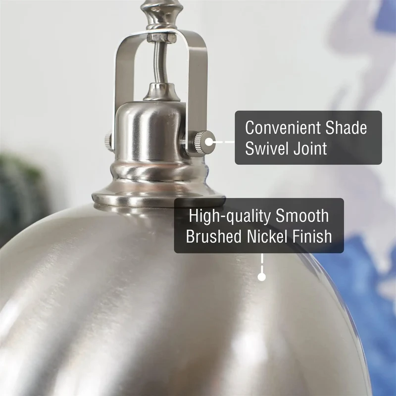 Fresh Modern Retro 9 Inch Dome Pendant Lamp With Adjustable Swivel Joint For Sloped Ceiling, Heavy Duty Brushed Nickel Metal Hanging Light Pair With Reflective Interior