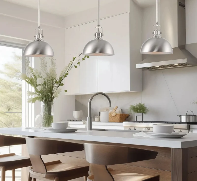 Fresh Modern Retro 9 Inch Dome Pendant Lamp With Adjustable Swivel Joint For Sloped Ceiling, Heavy Duty Brushed Nickel Metal Hanging Light Pair With Reflective Interior