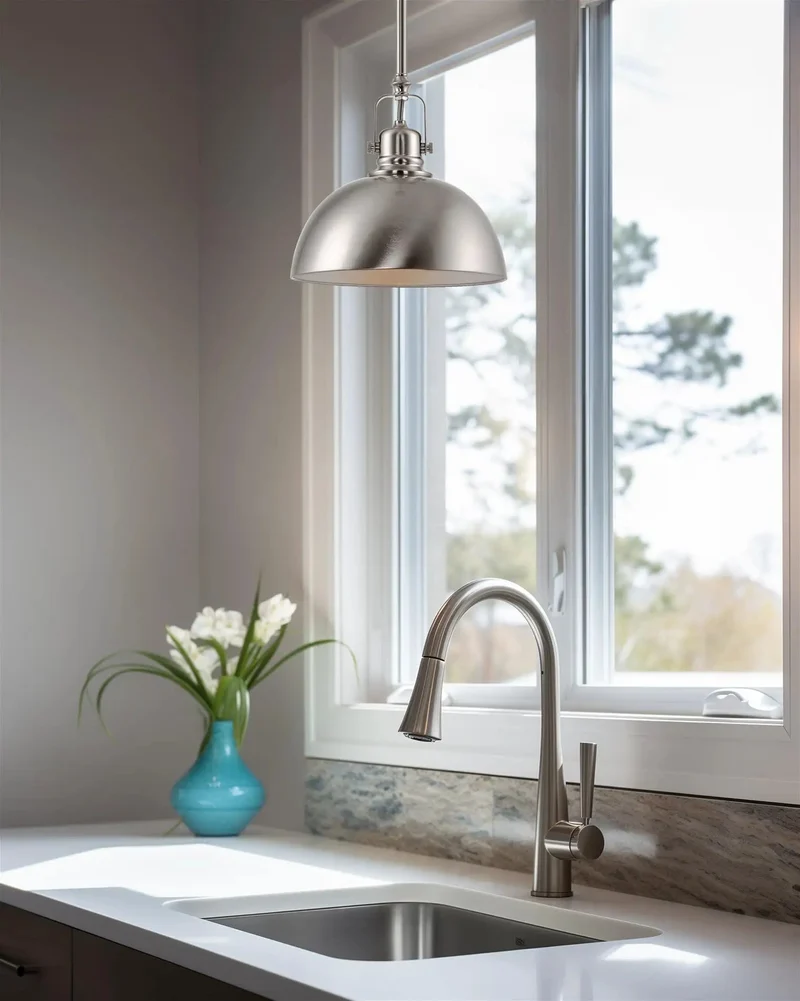 Fresh Modern Retro 9 Inch Dome Pendant Lamp With Adjustable Swivel Joint For Sloped Ceiling, Heavy Duty Brushed Nickel Metal Hanging Light Pair With Reflective Interior