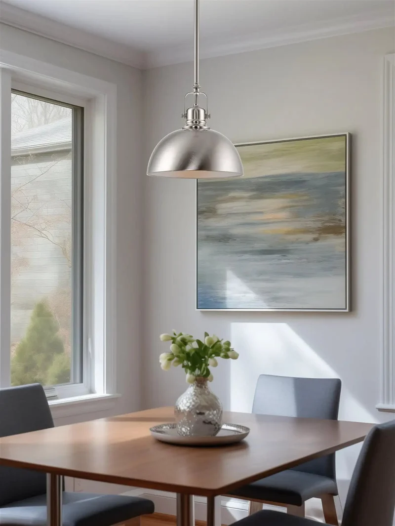 Fresh Modern Retro 9 Inch Dome Pendant Lamp With Adjustable Swivel Joint For Sloped Ceiling, Heavy Duty Brushed Nickel Metal Hanging Light Pair With Reflective Interior
