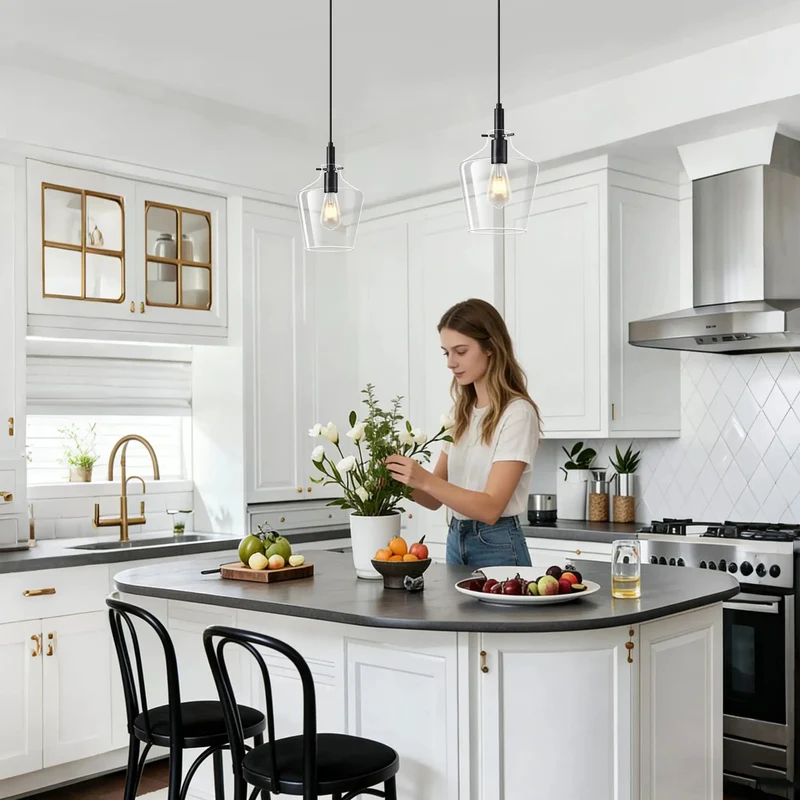 Two Pack Slick Black Pendant Lights Featuring Eight Inch Clear Glass Shades And Quick Adjustable Chains To Level Up Your Kitchen Island Or Living Room Setup Modern Farmhouse Industrial Ceiling Lamp