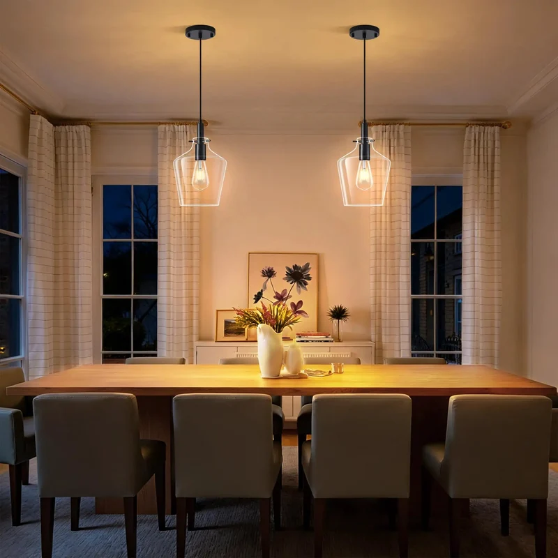 Two Pack Slick Black Pendant Lights Featuring Eight Inch Clear Glass Shades And Quick Adjustable Chains To Level Up Your Kitchen Island Or Living Room Setup Modern Farmhouse Industrial Ceiling Lamp