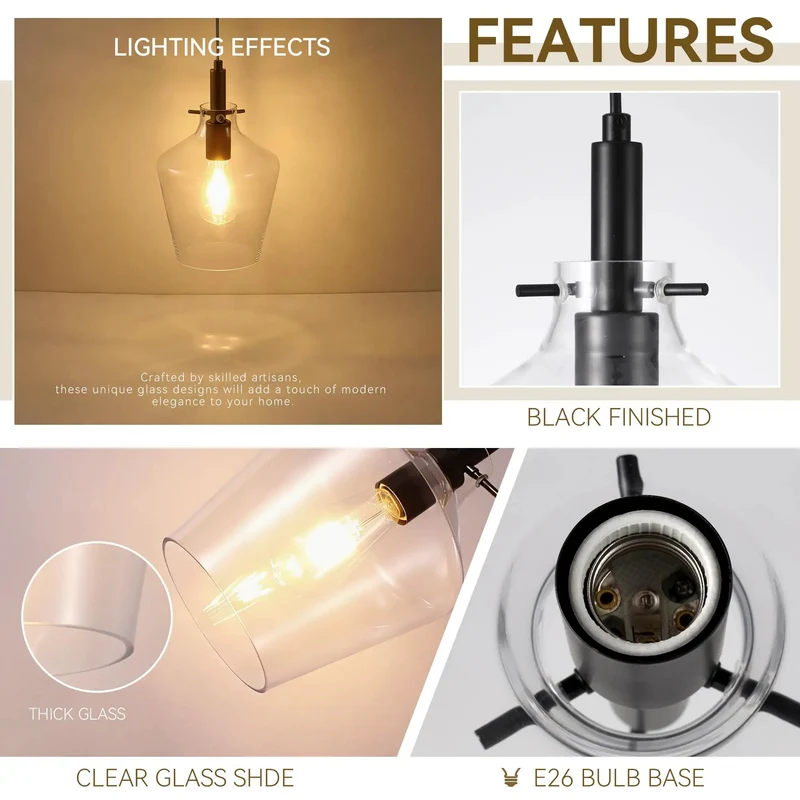 Two Pack Slick Black Pendant Lights Featuring Eight Inch Clear Glass Shades And Quick Adjustable Chains To Level Up Your Kitchen Island Or Living Room Setup Modern Farmhouse Industrial Ceiling Lamp