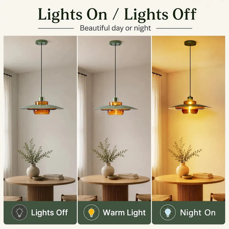 19 Inch Amber Glass Pendant Light Mid Century Modern Sculptural Metal Saucer Ceiling Chandelier For Dining Room Kitchen Built Different Warm Metallic Accent Top Rated