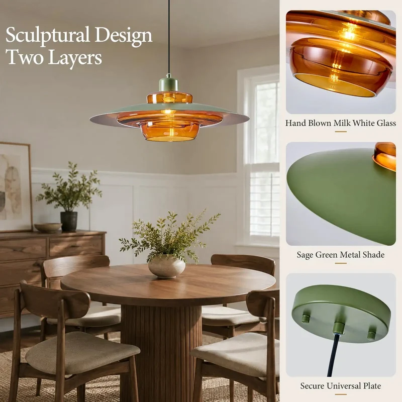 19 Inch Amber Glass Pendant Light Mid Century Modern Sculptural Metal Saucer Ceiling Chandelier For Dining Room Kitchen Built Different Warm Metallic Accent Top Rated