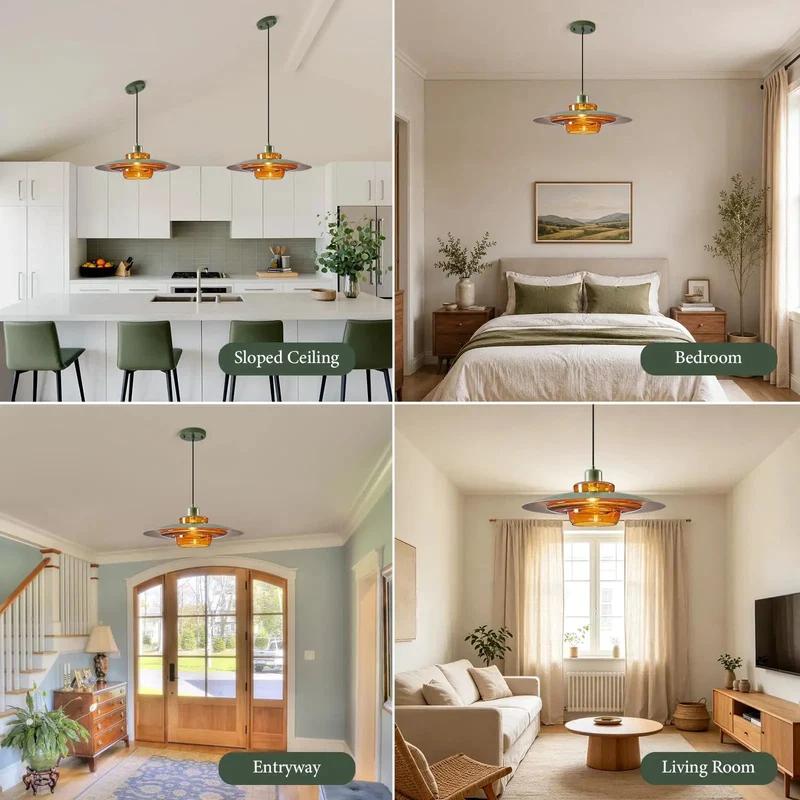 19 Inch Amber Glass Pendant Light Mid Century Modern Sculptural Metal Saucer Ceiling Chandelier For Dining Room Kitchen Built Different Warm Metallic Accent Top Rated