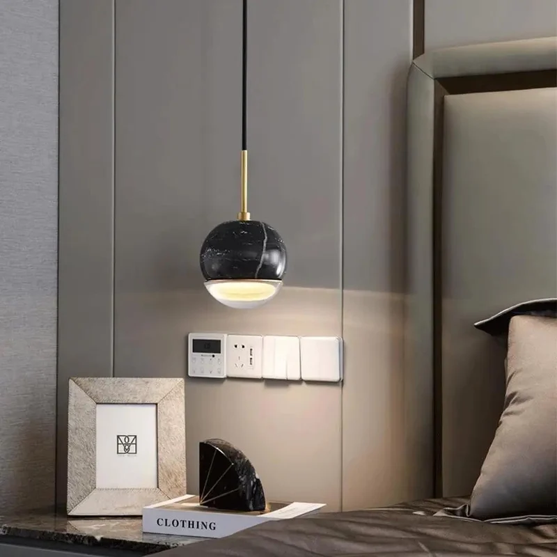 Sleek Mid Century Modern LED Pendant Light Featuring Natural Marble Sphere And Brushed Brass Accents For Kitchen Island Illumination Scandinavian Hanging Lamp Bringing A Fresh Vibe To Dining Room Bedroom Or Living Room Decor