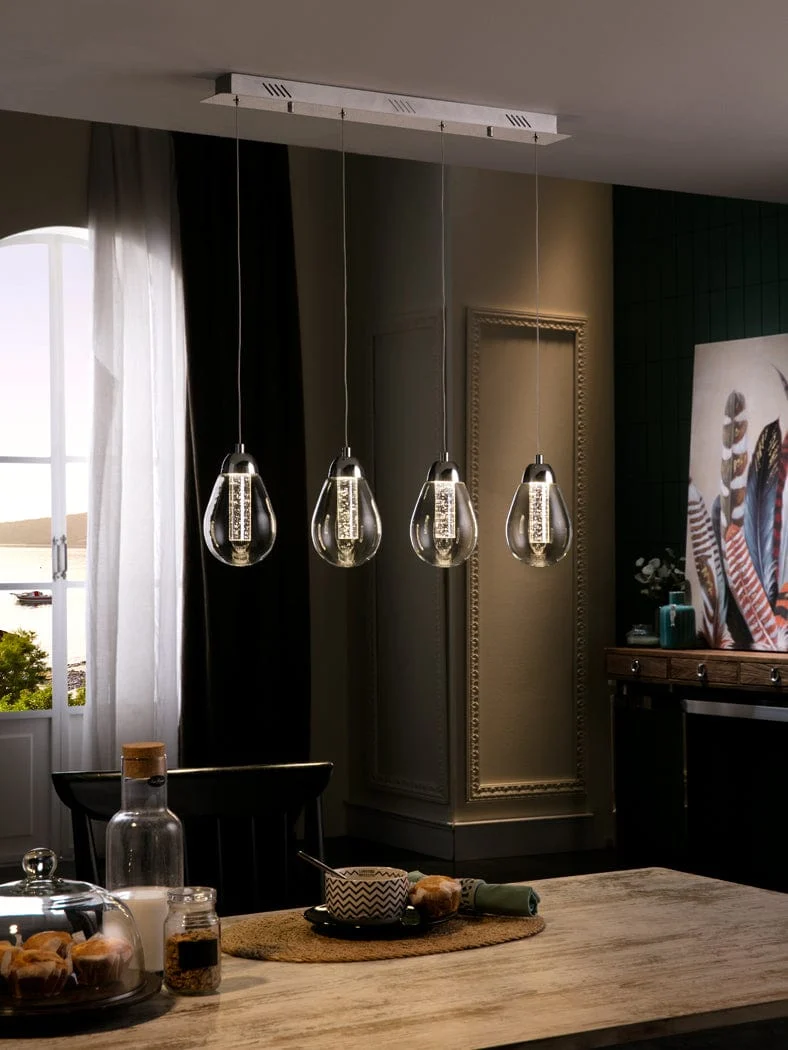 Suspension Cuisine 4 LED Verre Chrome