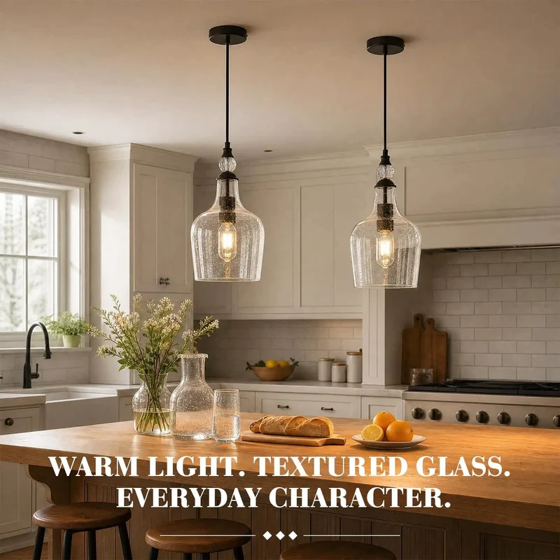 Top Tier Seeded Glass Pendant Light For Kitchen Island With Sleek Matte Black Teardrop Shade And Easily Adjustable Drop Cord Plus Broad Open Bottom For Modern Farmhouse Home Ceilings