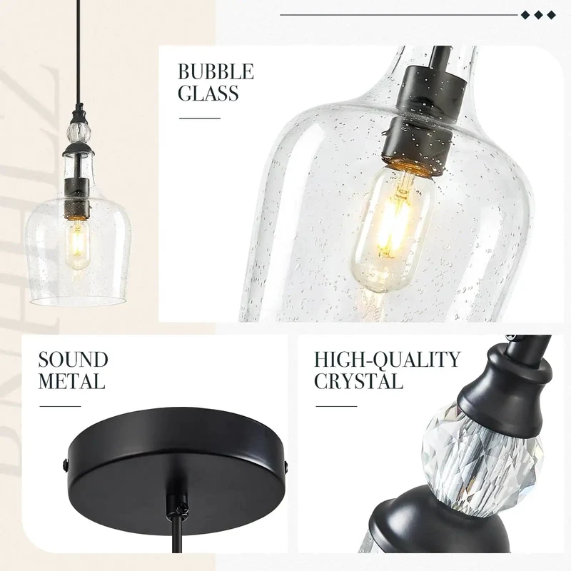 Top Tier Seeded Glass Pendant Light For Kitchen Island With Sleek Matte Black Teardrop Shade And Easily Adjustable Drop Cord Plus Broad Open Bottom For Modern Farmhouse Home Ceilings