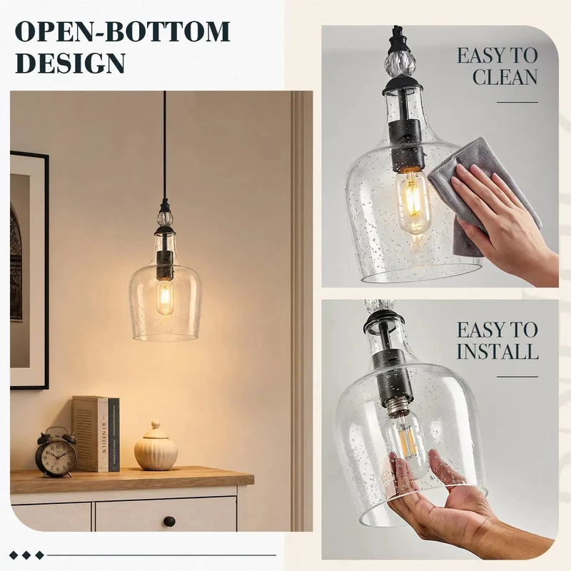 Top Tier Seeded Glass Pendant Light For Kitchen Island With Sleek Matte Black Teardrop Shade And Easily Adjustable Drop Cord Plus Broad Open Bottom For Modern Farmhouse Home Ceilings