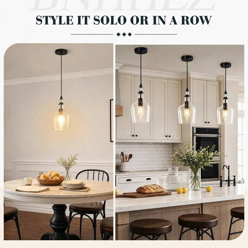 Top Tier Seeded Glass Pendant Light For Kitchen Island With Sleek Matte Black Teardrop Shade And Easily Adjustable Drop Cord Plus Broad Open Bottom For Modern Farmhouse Home Ceilings