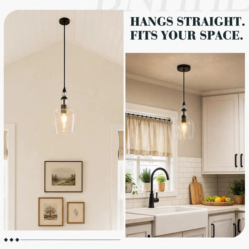 Top Tier Seeded Glass Pendant Light For Kitchen Island With Sleek Matte Black Teardrop Shade And Easily Adjustable Drop Cord Plus Broad Open Bottom For Modern Farmhouse Home Ceilings