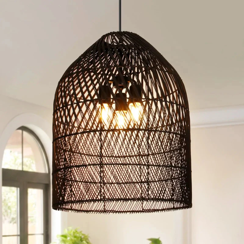 Handwoven Rattan Three Light Bell Pendant Lamp With Open Grid Layout Casting Warm Dappled Shadows For Kitchen Island Or Dining Room In Smooth Black Finish And Totally Fire Coastal Vibes