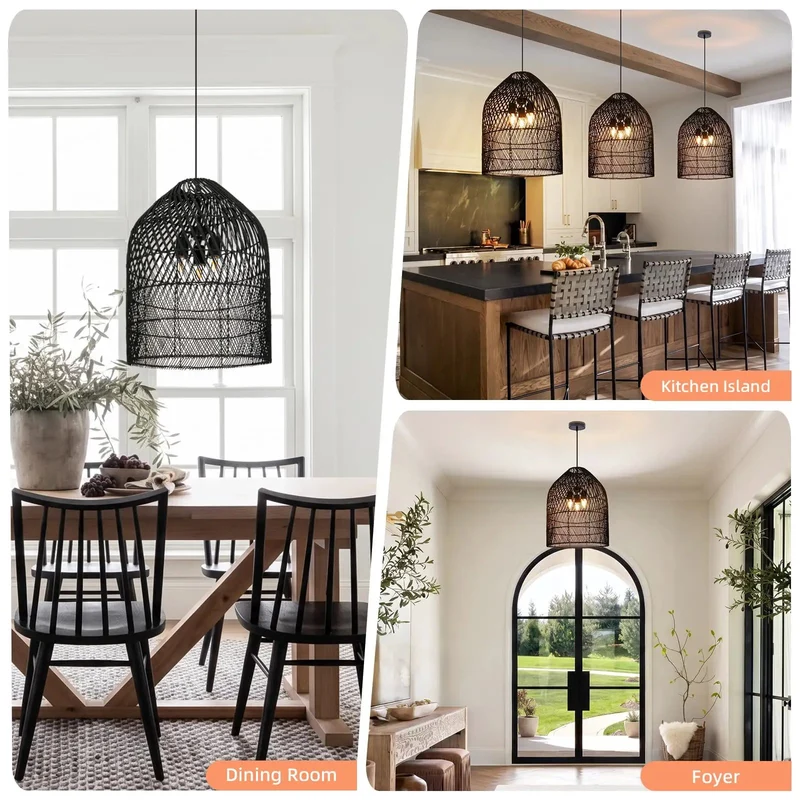 Handwoven Rattan Three Light Bell Pendant Lamp With Open Grid Layout Casting Warm Dappled Shadows For Kitchen Island Or Dining Room In Smooth Black Finish And Totally Fire Coastal Vibes