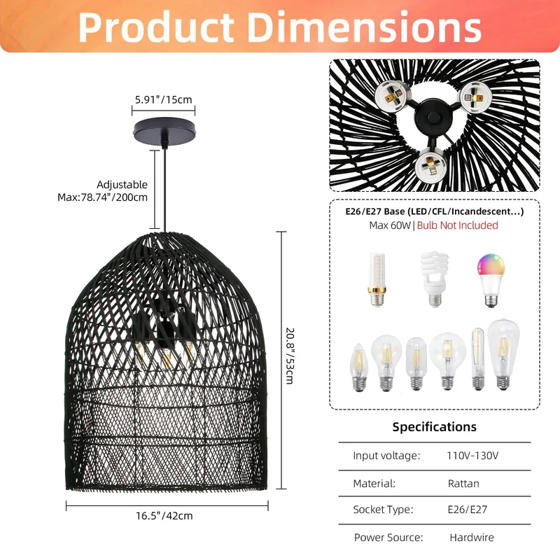 Handwoven Rattan Three Light Bell Pendant Lamp With Open Grid Layout Casting Warm Dappled Shadows For Kitchen Island Or Dining Room In Smooth Black Finish And Totally Fire Coastal Vibes