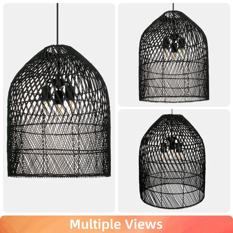 Handwoven Rattan Three Light Bell Pendant Lamp With Open Grid Layout Casting Warm Dappled Shadows For Kitchen Island Or Dining Room In Smooth Black Finish And Totally Fire Coastal Vibes
