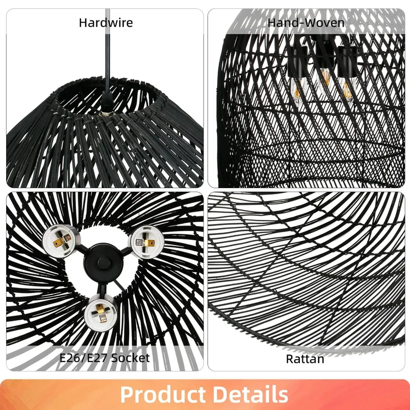 Handwoven Rattan Three Light Bell Pendant Lamp With Open Grid Layout Casting Warm Dappled Shadows For Kitchen Island Or Dining Room In Smooth Black Finish And Totally Fire Coastal Vibes