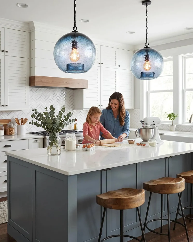 Stunning Modern Farmhouse Blue Seeded Glass Globe Pendant Light 11 Inch Diameter With Rustic Bubble Texture Hanging Ceiling Fixture To Brighten Kitchen Island Living Room Bedroom And Dining Area Decor