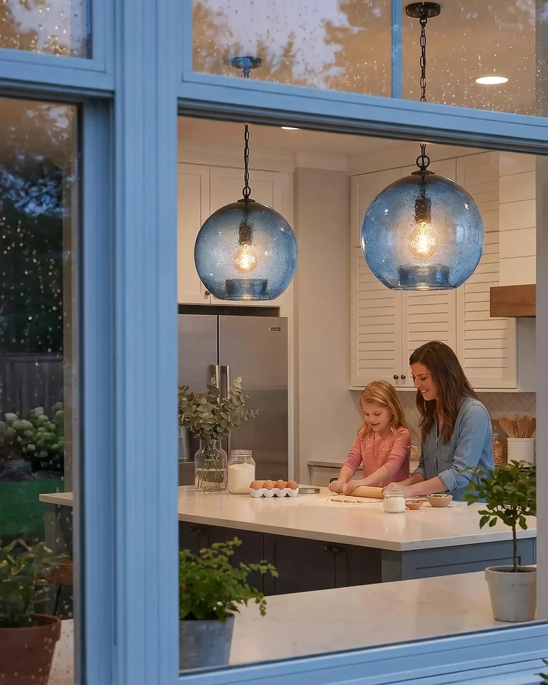 Stunning Modern Farmhouse Blue Seeded Glass Globe Pendant Light 11 Inch Diameter With Rustic Bubble Texture Hanging Ceiling Fixture To Brighten Kitchen Island Living Room Bedroom And Dining Area Decor