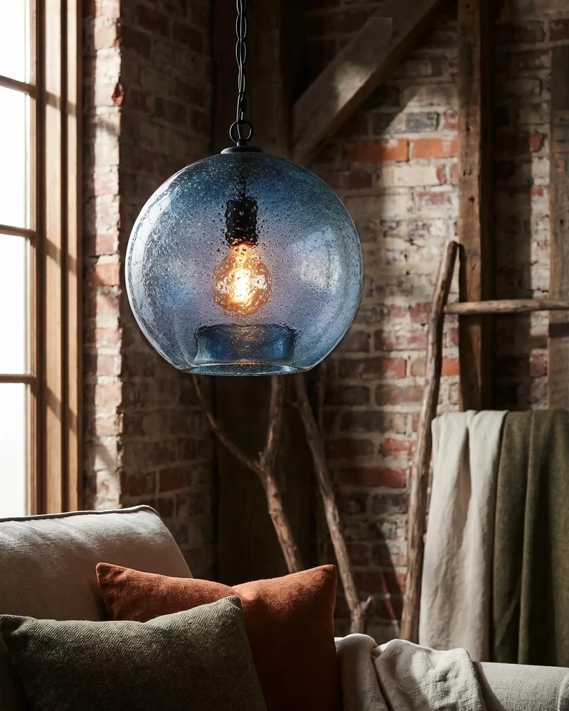 Stunning Modern Farmhouse Blue Seeded Glass Globe Pendant Light 11 Inch Diameter With Rustic Bubble Texture Hanging Ceiling Fixture To Brighten Kitchen Island Living Room Bedroom And Dining Area Decor
