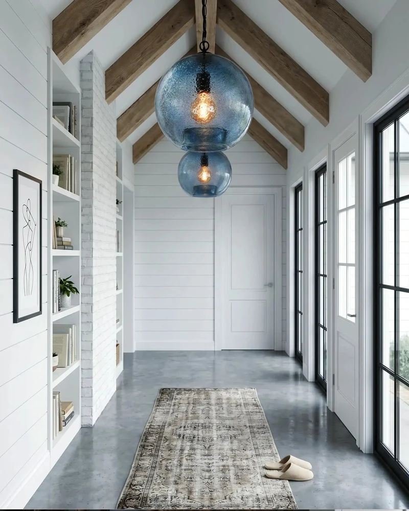 Stunning Modern Farmhouse Blue Seeded Glass Globe Pendant Light 11 Inch Diameter With Rustic Bubble Texture Hanging Ceiling Fixture To Brighten Kitchen Island Living Room Bedroom And Dining Area Decor