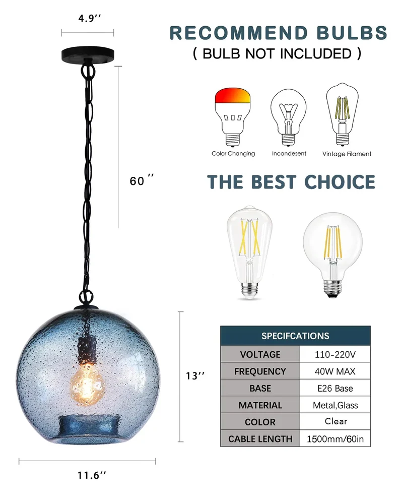 Stunning Modern Farmhouse Blue Seeded Glass Globe Pendant Light 11 Inch Diameter With Rustic Bubble Texture Hanging Ceiling Fixture To Brighten Kitchen Island Living Room Bedroom And Dining Area Decor