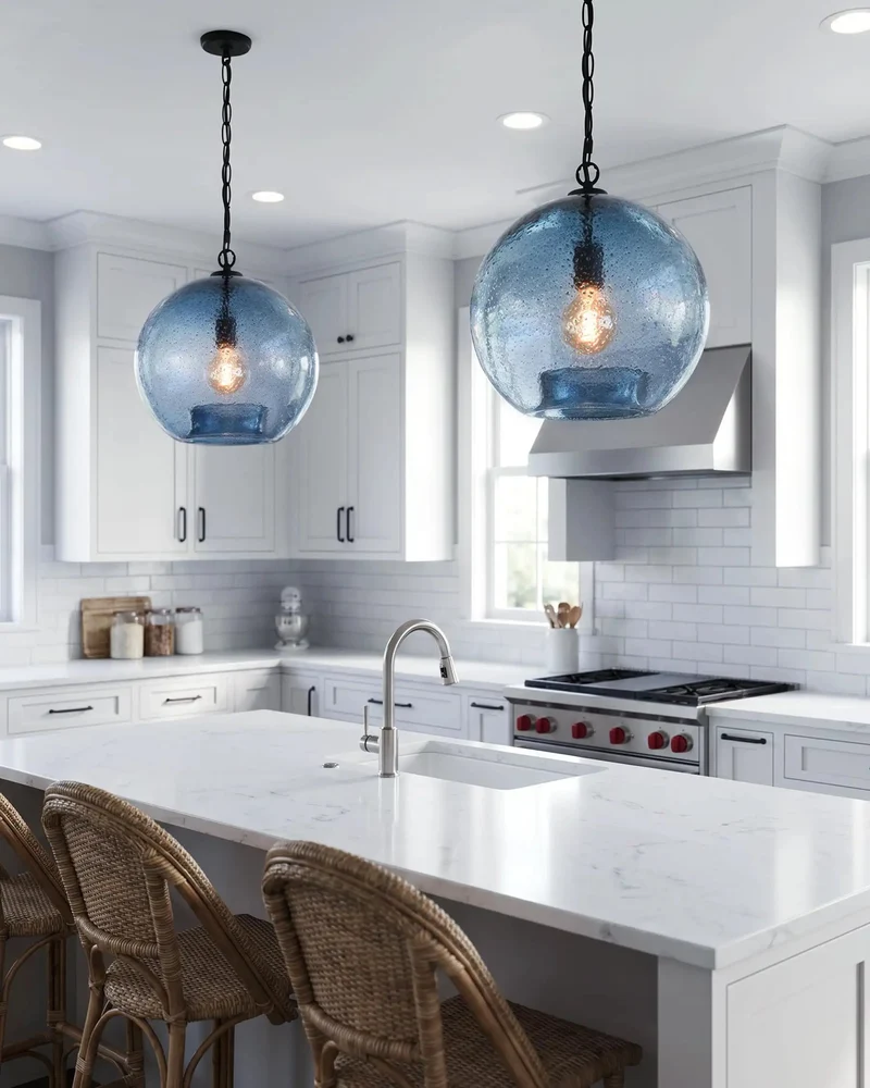 Stunning Modern Farmhouse Blue Seeded Glass Globe Pendant Light 11 Inch Diameter With Rustic Bubble Texture Hanging Ceiling Fixture To Brighten Kitchen Island Living Room Bedroom And Dining Area Decor