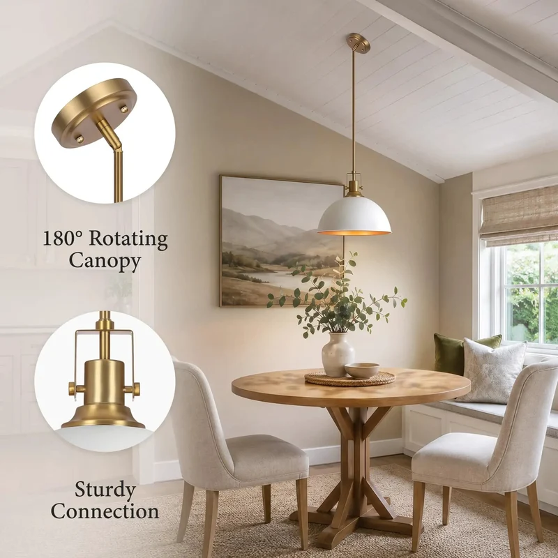 Next Level Modern 13 Inch Dome Pendant Light Polished White And Gold Ceiling Fixture Clean Aesthetic Single Bulb Hanging Lamp For Dining Kitchen Space And Living Room