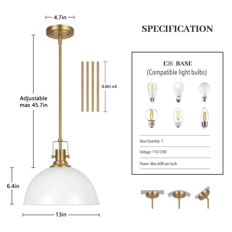 Next Level Modern 13 Inch Dome Pendant Light Polished White And Gold Ceiling Fixture Clean Aesthetic Single Bulb Hanging Lamp For Dining Kitchen Space And Living Room