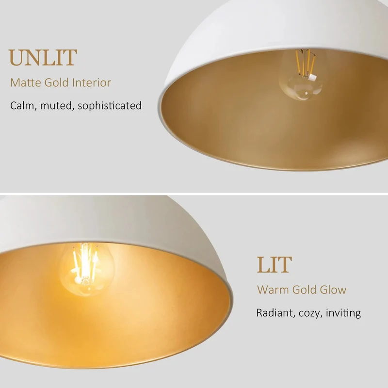 Next Level Modern 13 Inch Dome Pendant Light Polished White And Gold Ceiling Fixture Clean Aesthetic Single Bulb Hanging Lamp For Dining Kitchen Space And Living Room