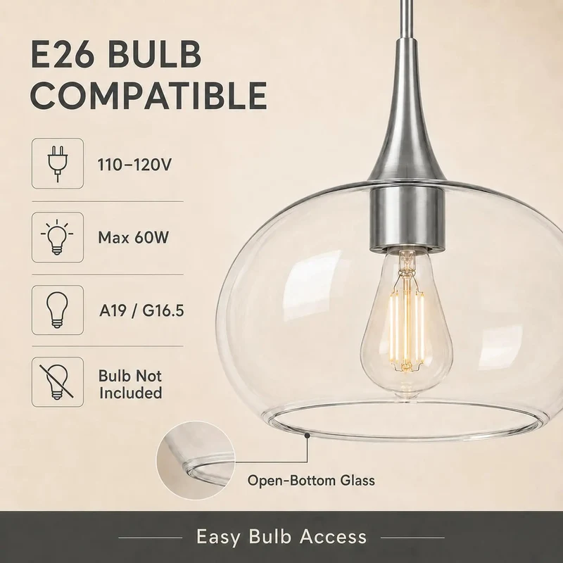 Premium Clear Glass Pendant Light For Kitchen Islands With Fully Adjustable Hanging Rods And Sleek Brushed Nickel Base To Deliver A Lowkey Modern Glow That Absolutely Kills In Every Room