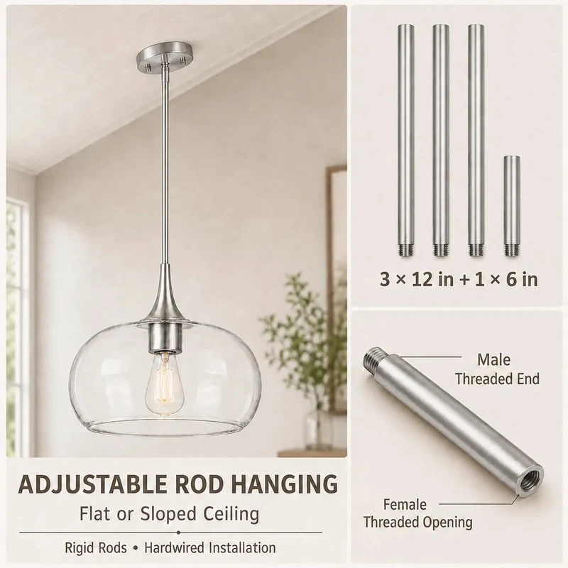 Premium Clear Glass Pendant Light For Kitchen Islands With Fully Adjustable Hanging Rods And Sleek Brushed Nickel Base To Deliver A Lowkey Modern Glow That Absolutely Kills In Every Room