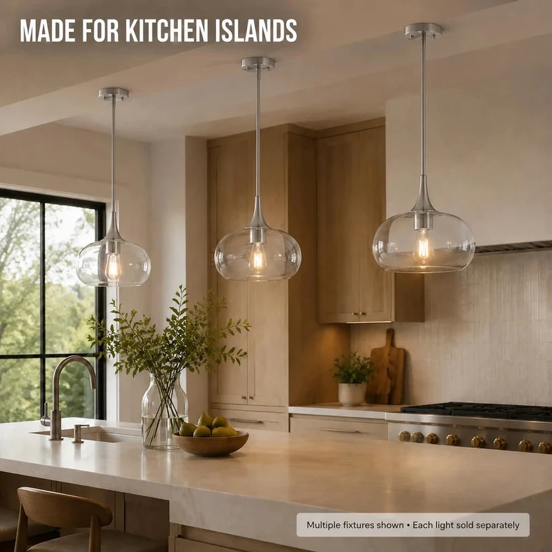 Premium Clear Glass Pendant Light For Kitchen Islands With Fully Adjustable Hanging Rods And Sleek Brushed Nickel Base To Deliver A Lowkey Modern Glow That Absolutely Kills In Every Room