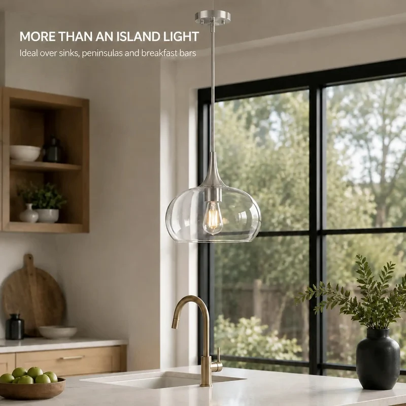 Premium Clear Glass Pendant Light For Kitchen Islands With Fully Adjustable Hanging Rods And Sleek Brushed Nickel Base To Deliver A Lowkey Modern Glow That Absolutely Kills In Every Room