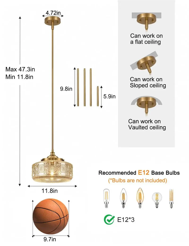 Gold Vintage Glass Pendant Light Adjustable Height Downrods for Kitchen Island Dining Room Ceiling Hanging Fixture Custom Drop from 11.8 to 47.3 Inches Grab The Goods for A Top Tier Kitchen Upgrade