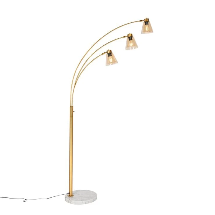 Lampadaire arc bronze avec marbre et verre ambré 3 lumières