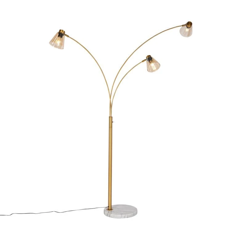 Lampadaire arc bronze avec marbre et verre ambré 3 lumières