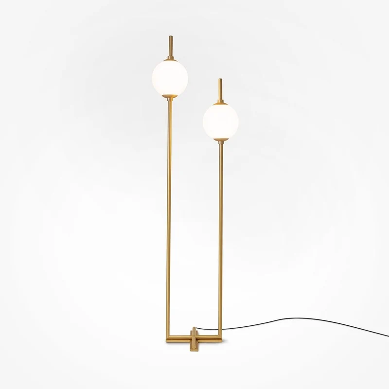 Lampadaire Doré 2 Boules Blanches Laiton