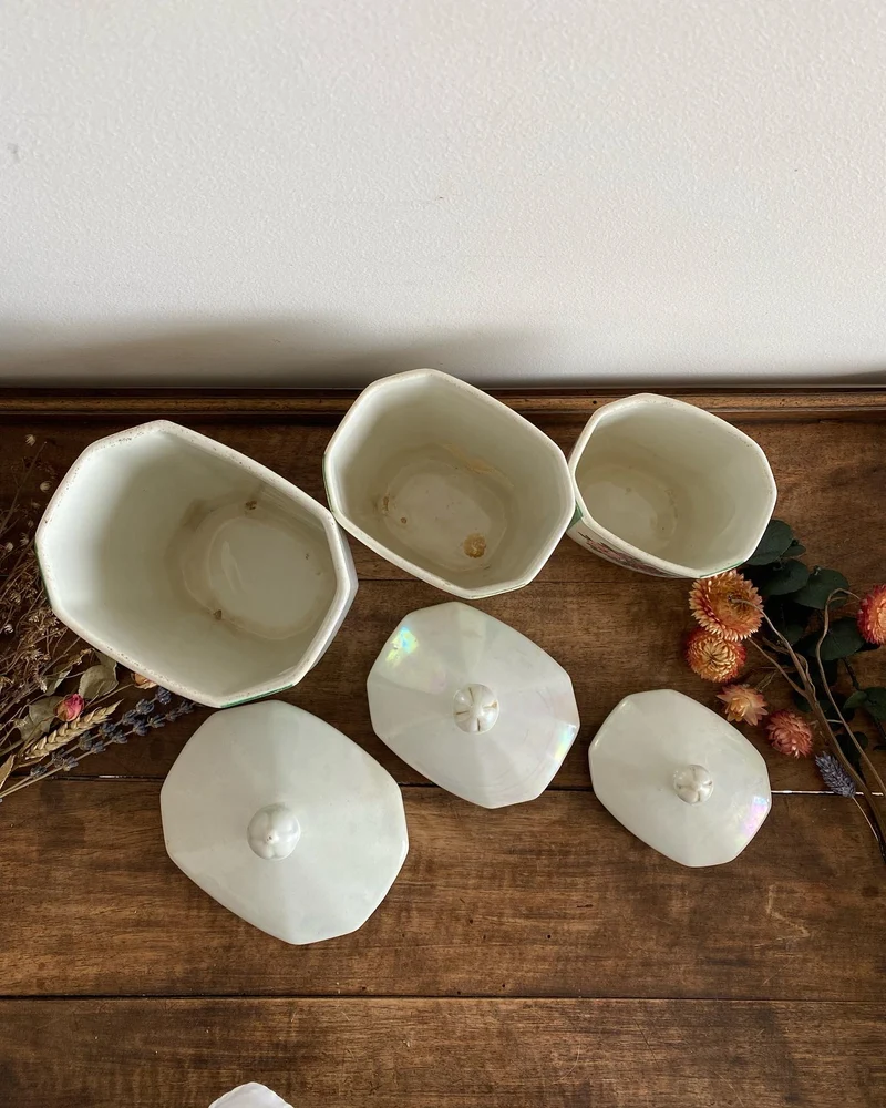 Pots de cuisine décoratifs à motifs fleuris en faïence signés Czechoslovakia.