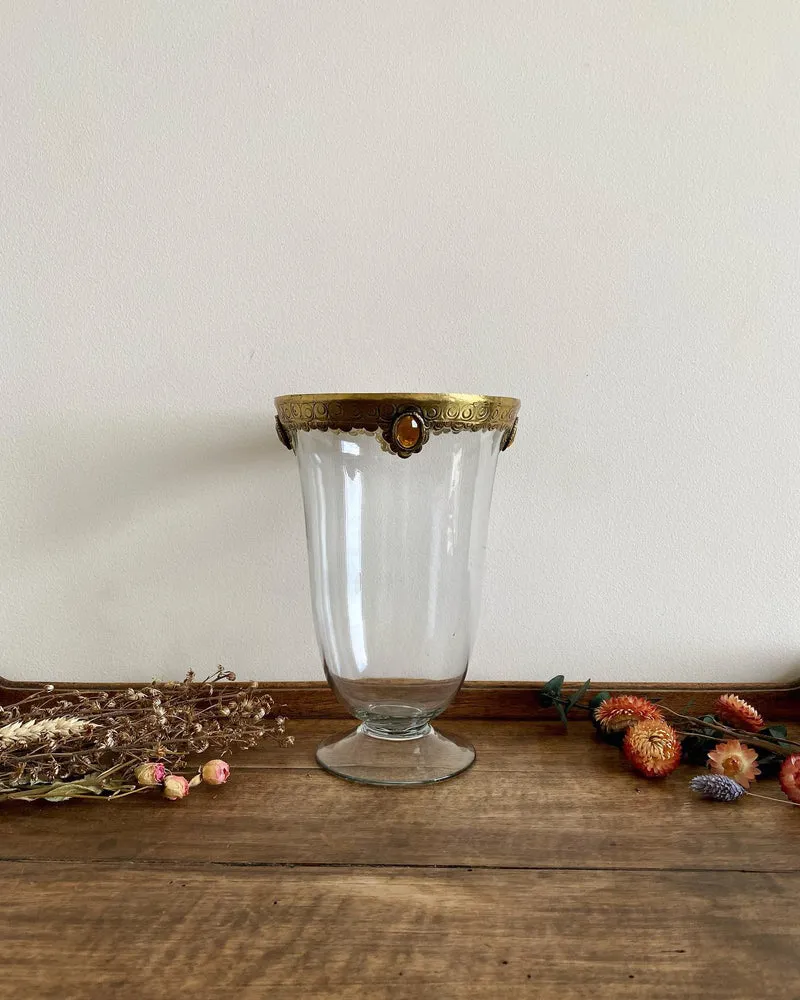 Vase en verre sur pied ancien bordure dorée