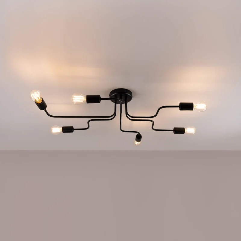 Plafonnier chandelier 6 ampoules Métal Noir Salon